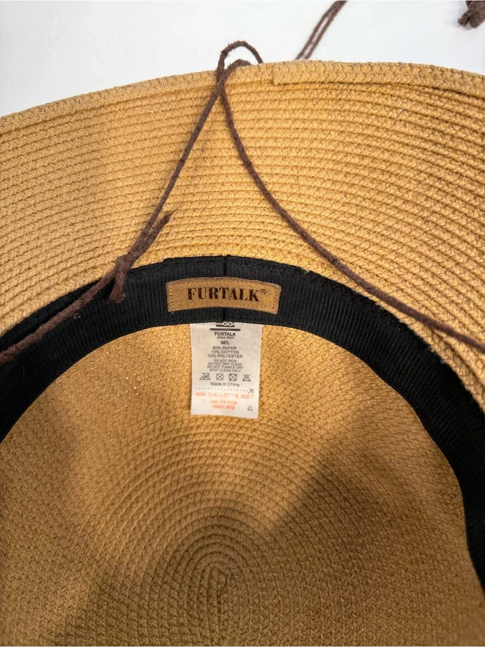FURTALK Women's Wide Brim Straw Sun Hat Tan w Chin Cord UPF - Sz M/L